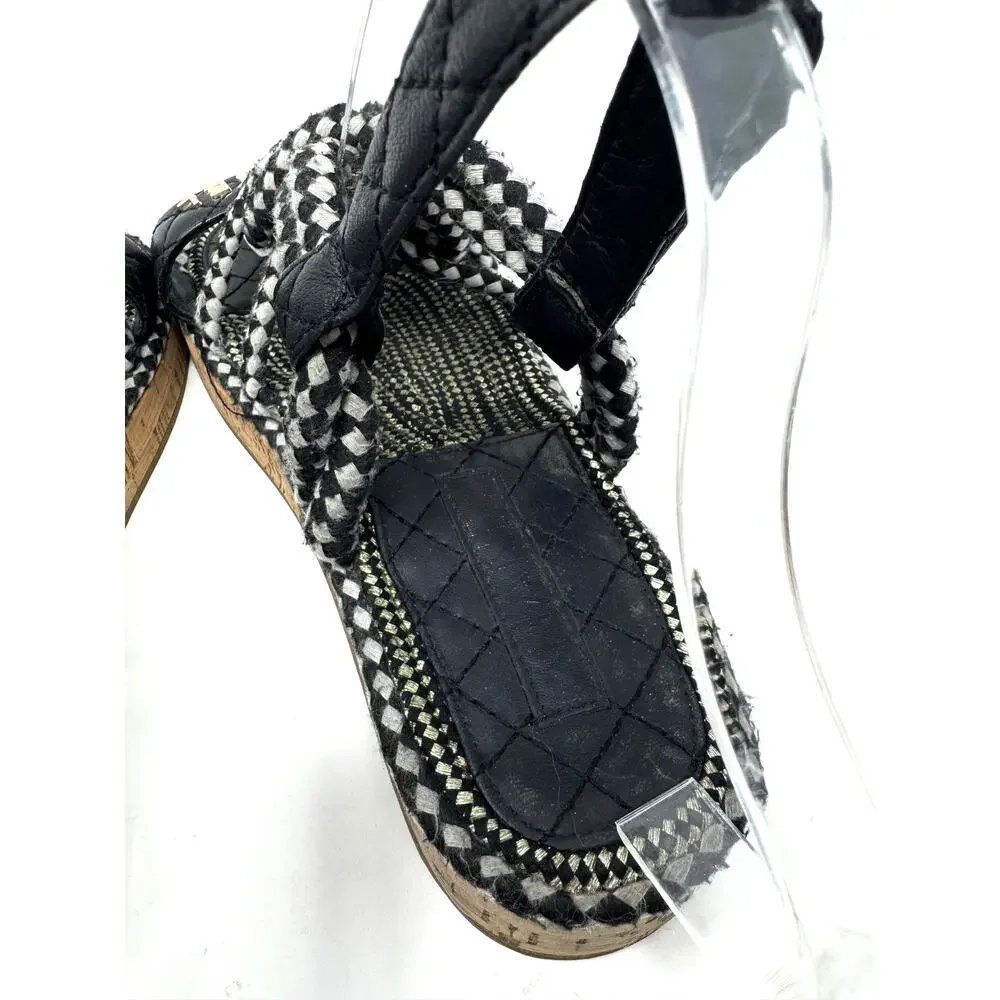 Chanel Cord Sandals Black White Quilted Lambskin Leather CC Logo Flats 6.5